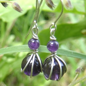 Tiny Amethyst Earrings, February Birthstone Jewelry Amethyst Jewelry, Women, Gift for Her Sterling Silver Wire Wrapped Jewelry Stone Jewelry