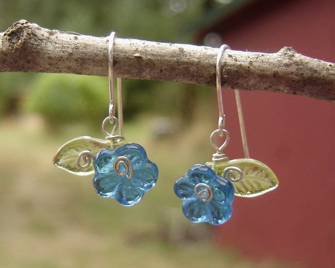 Teal Glass Flower Earrings Dangle Earrings Sterling Silver Etsy
