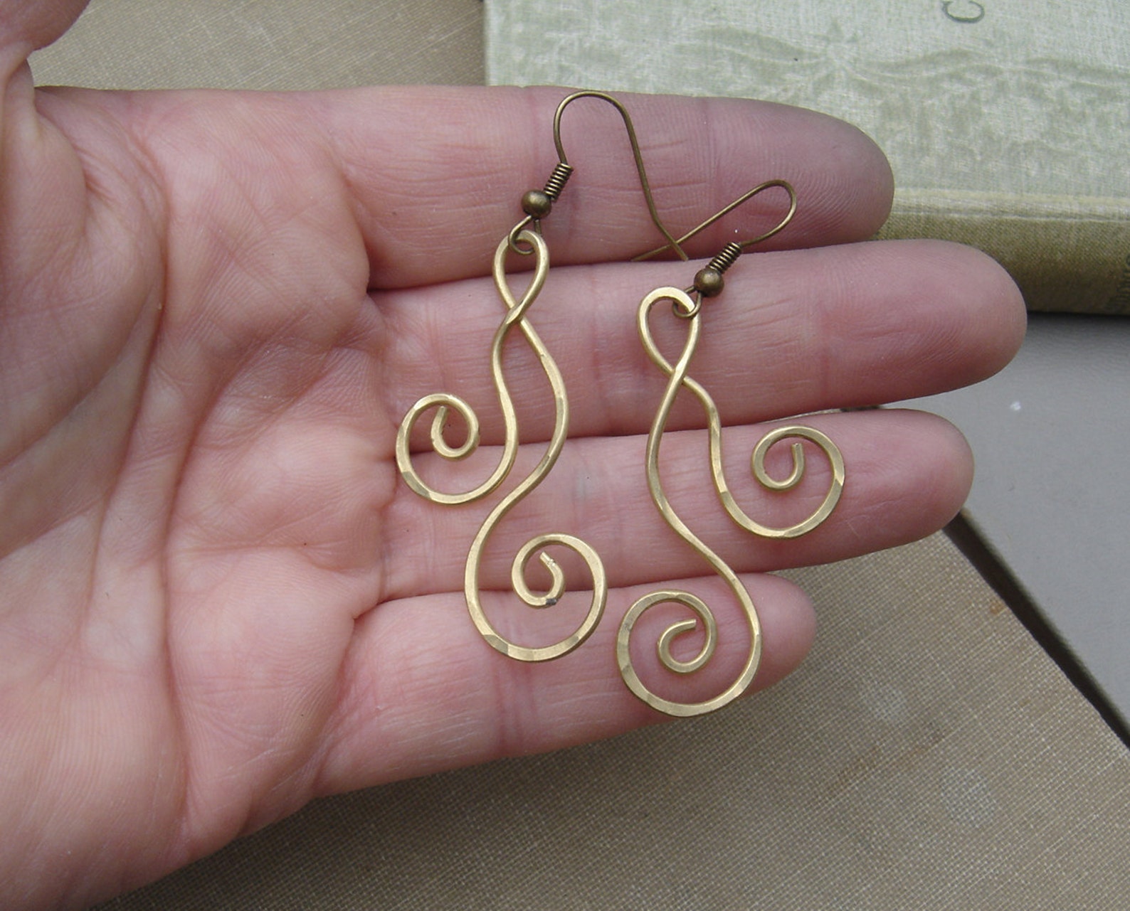 Brass Swirl Dangle Earrings Dancing Double Curl Spirals Long Etsy