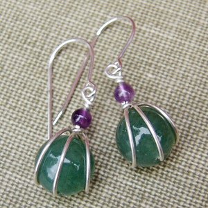 Green Aventurine Stone and Amethyst Sterling Silver Earrings Wire Wrap Stone Jewelry, Stone Earrings, Green Earrings Gift for Women image 2