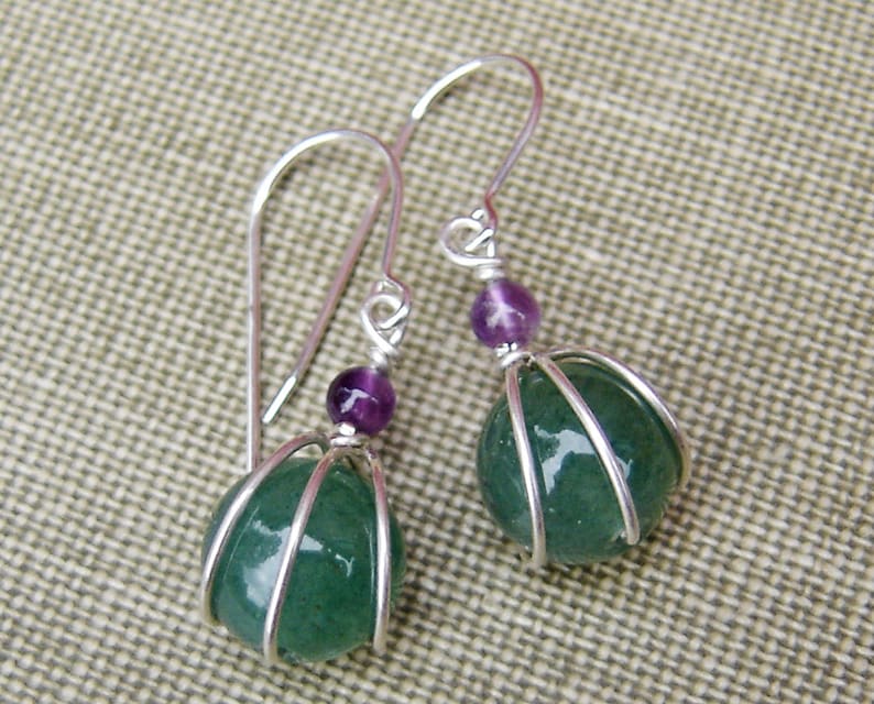 Green Aventurine Stone and Amethyst Sterling Silver Earrings Wire Wrap Stone Jewelry, Stone Earrings, Green Earrings Gift for Women image 2