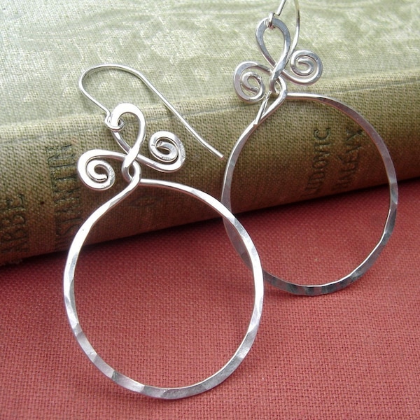 Big Sterling Silver Hoop Earrings, Circle With Spiral Twists Gift for Her Boho Jewelry, Large Hoops Lightweight Everyday Earring Women  Wife