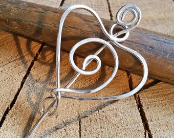 Sterling Silver Heart Shawl Pin, Silver Scarf Pin, Closure, Sweater Brooch, Fastener - Gift for Knitter, Crocheter, Women Gift for Her