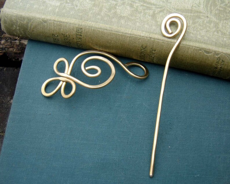 Celtic Budding Spiral Brass Shawl Pin, Scarf Pin, Wrap Fastener, Metal Hair Pin, Women, Sweater Closure Hair Barrette, Knitter Gift image 4