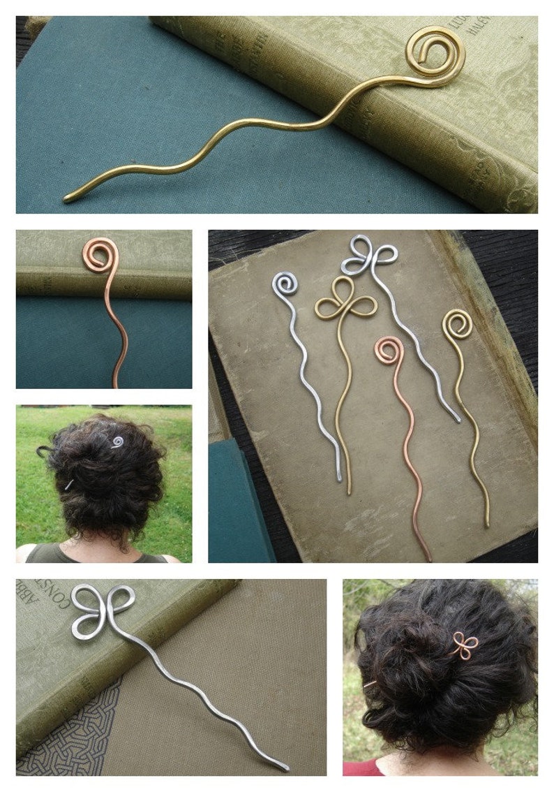 May include: A set of five hair pins with different decorative ends. The ends are either a spiral or a clover shape. The pins are made of metal in silver, gold, and copper tones.