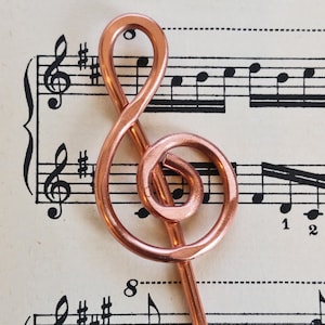 Treble Clef Copper Hair Stick, Music Gift Shawl Pin, Scarf Pin, Bun Holder, Hair Pin, Music Jewelry, Women, Knitter Musician Gift image 1