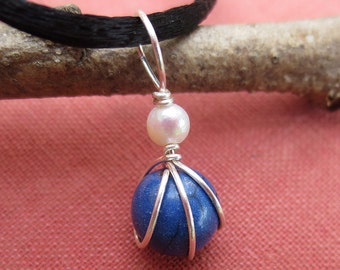 Small Lapis Lazuli and Pearl Pendant Necklace, Silver Wire Wrapped Beads Stone Jewelry, September Birthstone Gift for Her