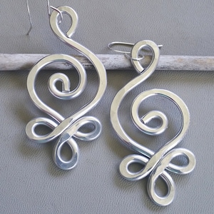 Very Big Celtic Spiral Earrings, Light Weight Hammered Aluminum Bold Tribal Earrings, Long Dangle Statement Earrings