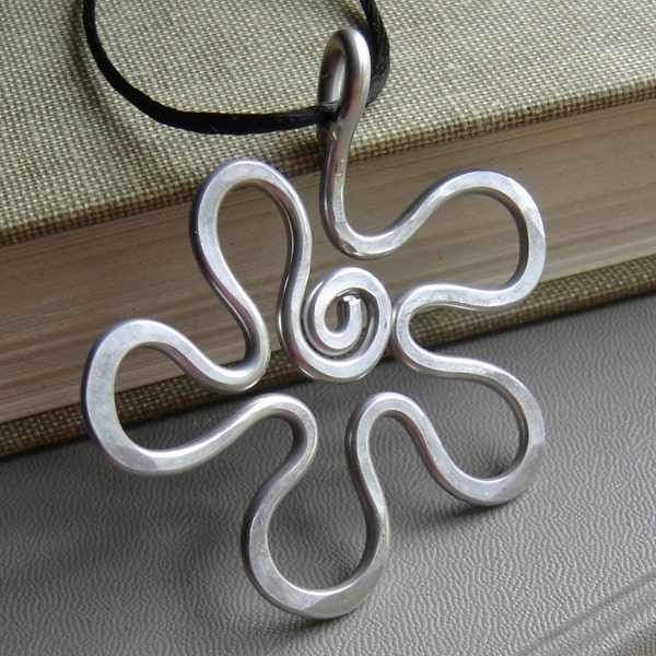 Aluminum Wire Flower Pendant, Big Retro Groovy Boho Necklace