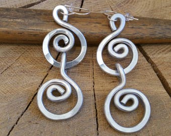 Double Swinging Swirls BIG Dangle Earrings, Statement Earrings Bold Light Weight Aluminum Wire Jewelry Women, Gift for Her Long Dangles