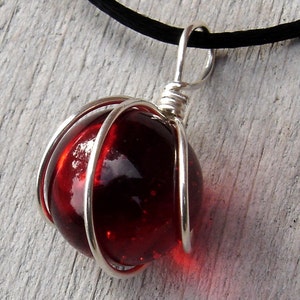 Ruby Red Marble Pendant Necklace, Sterling Silver Wire Wrapped Glass Marble Necklace, Women Christmas Gift Stocking Stuffer