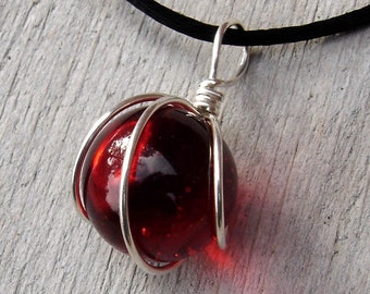 Ruby Red Marble Pendant Necklace, Sterling Silver Wire Wrapped Glass Marble Necklace, Women Christmas Gift Stocking Stuffer