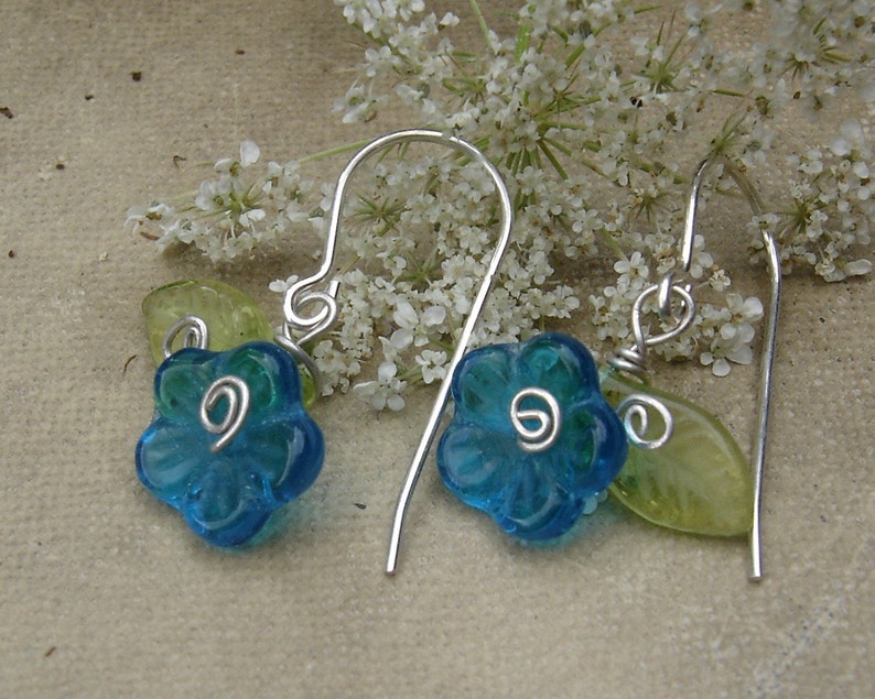 Teal Glass Flower Earrings, Dangle Earrings, Sterling Silver Wire Wrapped Czech Glass, Little Girls Small Earrings, Women, Stocking Stuffer image 3