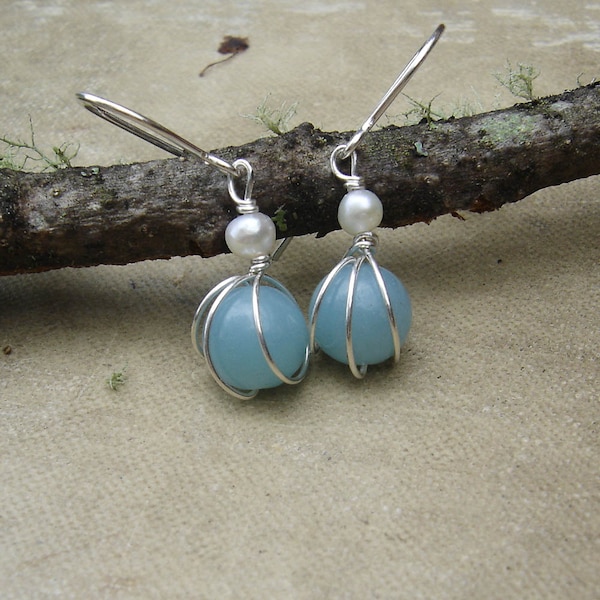 Amazonite Earrings, Very Small Sterling Silver Wire Wrapped, Freshwater Pearl