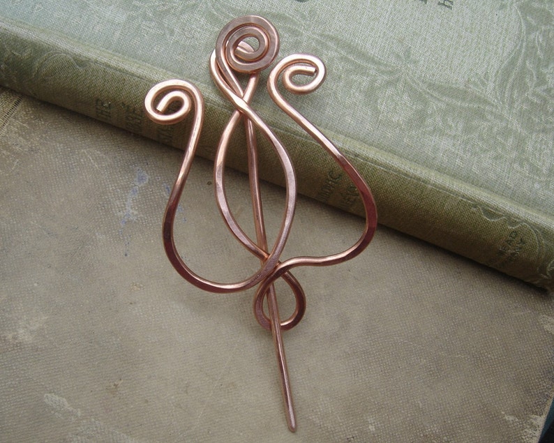 Tulip Lyre Copper Shawl Pin Stick, Brooch for Sweater , Metal Scarf Pin, Fastener, Knitters Gift for Women Knitting Celtic Accessories image 3