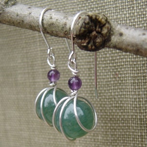 Green Aventurine Stone and Amethyst Sterling Silver Earrings Wire Wrap Stone Jewelry, Stone Earrings, Green Earrings Gift for Women image 5