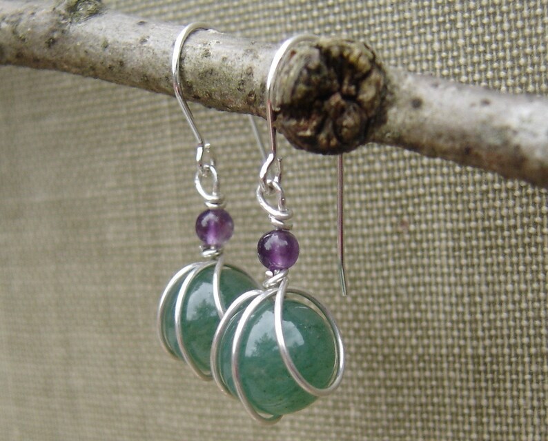 Green Aventurine Stone and Amethyst Sterling Silver Earrings Wire Wrap Stone Jewelry, Stone Earrings, Green Earrings Gift for Women image 5