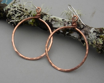 Big Copper Hoop Earrings, Basic Bold Hammered Hoops, Simple Everyday Jewelry Classic Circle Earrings, Big Copper Earrings Women Gift for Her