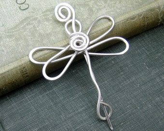 Dragonfly Shawl Pin, Sterling Silver Scarf Pin, Sweater Closure, Dragonfly Brooch, Knitter Gift, Knitting and Crochet