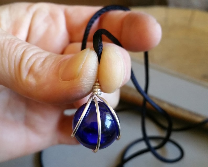 Cobalt Blue Glass Marble Necklace Wire Wrapped Sterling Silver Etsy UK