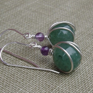 Green Aventurine Stone and Amethyst Sterling Silver Earrings Wire Wrap Stone Jewelry, Stone Earrings, Green Earrings Gift for Women image 3