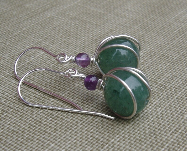 Green Aventurine Stone and Amethyst Sterling Silver Earrings Wire Wrap Stone Jewelry, Stone Earrings, Green Earrings Gift for Women image 3