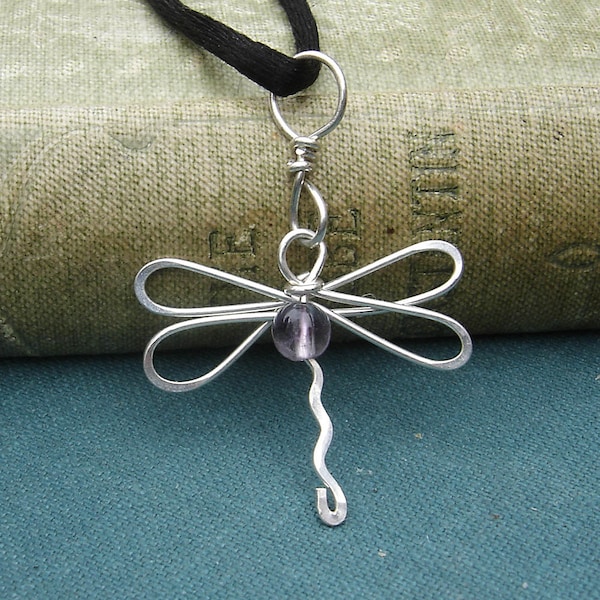 Dragonfly Pendant With Amethyst Stone Bead Sterling Silver Wire, Dragonfly Necklace, Dragonfly Jewelry Gift for Her, Girls Jewelry, Women