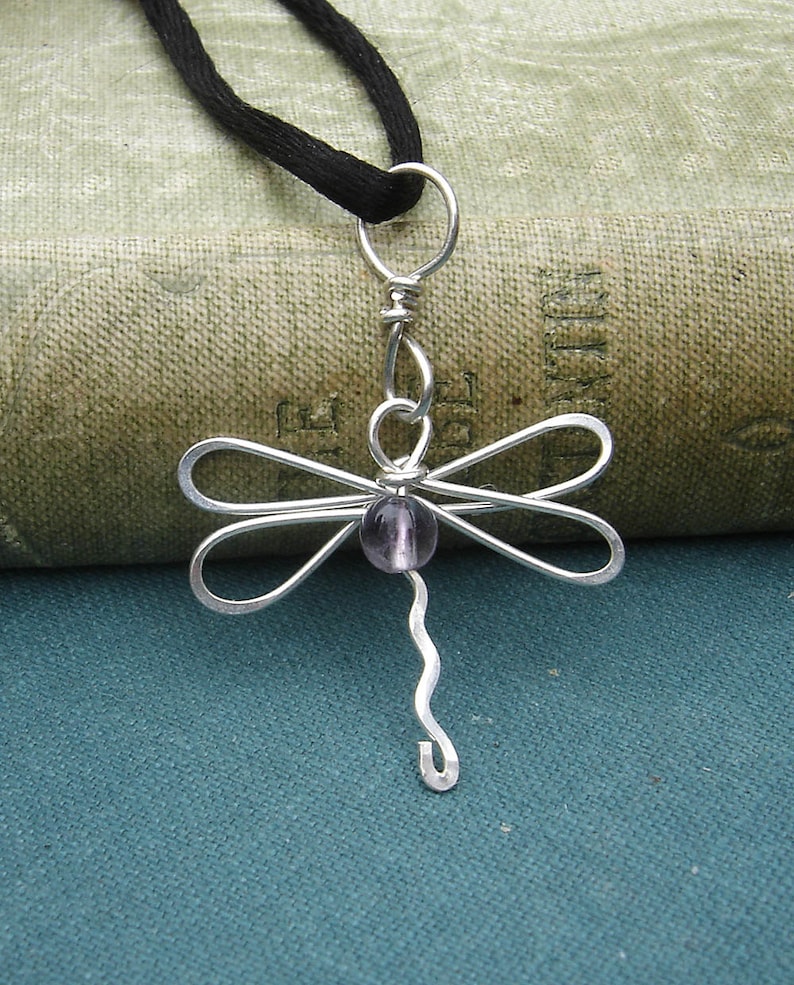 Dragonfly Pendant With Amethyst Stone Bead Sterling Silver Wire, Dragonfly Necklace, Dragonfly Jewelry Gift for Her, Girls Jewelry, Women image 1