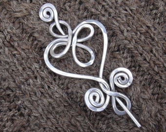 Celtic Heart and Swirls Aluminum Shawl Pin,  Mother's Day Gift, Knitter Gift for Her Heart Pin, Heart Brooch for Sweater, Wrap Fastener