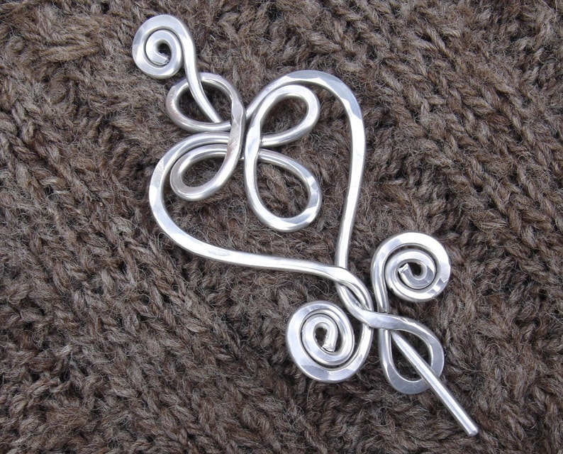 Celtic Heart and Swirls Aluminum Shawl Pin, Mother's Day Gift, Knitter Gift for Her Heart Pin, Heart Brooch for Sweater, Wrap Fastener image 1