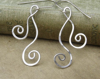 Dancing Double Swirl Sterling Silver Earrings, Long Dangle Earrings, Long Silver Earrings Women Hammered Wire Jewelry Everyday Earrings