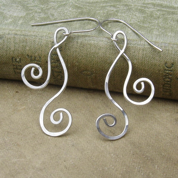 Dancing Double Swirl Sterling Silver Earrings, Long Dangle Earrings, Long Silver Earrings Women Hammered Wire Jewelry Everyday Earrings