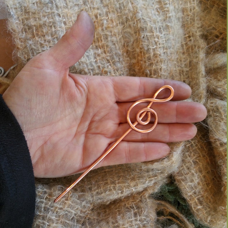 Treble Clef Copper Hair Stick, Music Gift Shawl Pin, Scarf Pin, Bun Holder, Hair Pin, Music Jewelry, Women, Knitter Musician Gift image 4