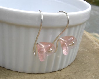 Pink Glass Flower Earrings - Long Stem Pastel Pink Flower - Sterling Silver Wire - Tulip Jewelry - Earring, Women