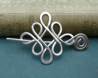 Celtic Sterling Silver Shawl Pin, Looping Crossed Knots Celtic Scarf Pin, Sweater Brooch, Wrap Fastener, Shawlette Closure, Knitting