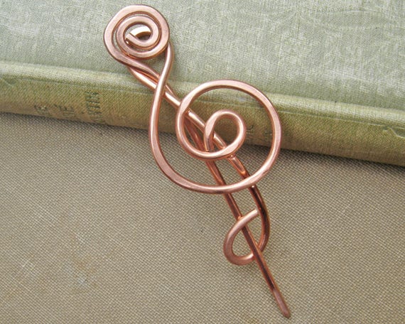 Treble Clef Copper Shawl Pin, Music Gift Scarf Pin, Sweater Brooch Copper Pin Music Note, Music Teacher Gift Musician Knitters Music Jewelry