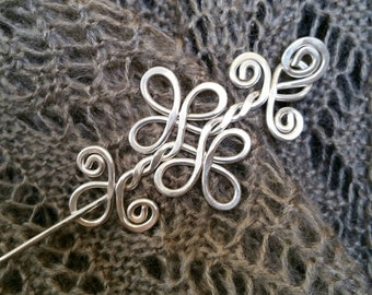 Celtic Double Swirls and Curls Sterling Silver Shawl Pin, Scarf Pin, Sweater Clip Brooch, Gift for Her Celtic Accessories, Knitting Jewelry