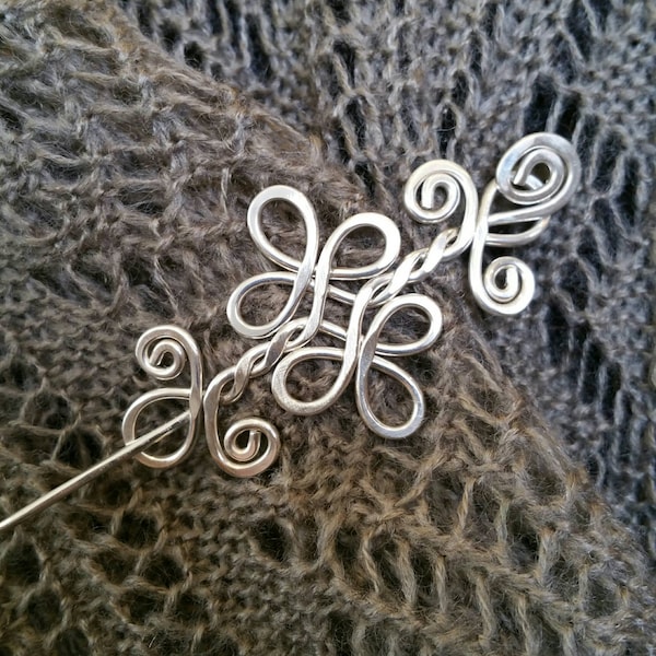 Celtic Double Swirls and Curls Sterling Silver Shawl Pin, Scarf Pin, Sweater Clip Brooch, Gift for Her Celtic Accessories, Knitting Jewelry