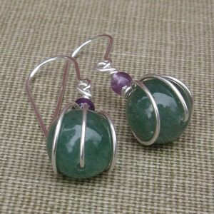 Green Aventurine Stone and Amethyst Sterling Silver Earrings Wire Wrap Stone Jewelry, Stone Earrings, Green Earrings Gift for Women image 4