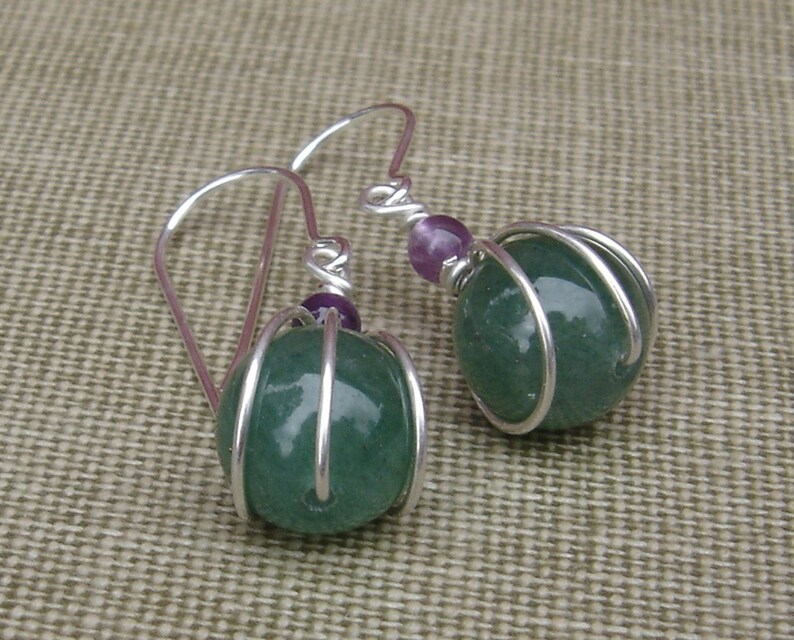 Green Aventurine Stone and Amethyst Sterling Silver Earrings Wire Wrap Stone Jewelry, Stone Earrings, Green Earrings Gift for Women image 4