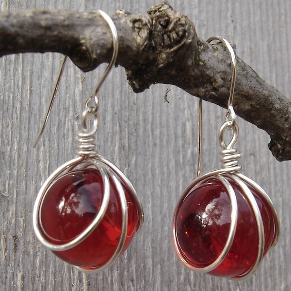 Ruby Red Glass Marble Wire Wrapped Earrings, Sterling Silver, Christmas Earrings,