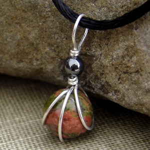 Small Unakite Stone Pendant, Sterling Silver Wire Wrapped With Hematite Stone Jewelry, Unakite Necklace, Granite Jewelry, Unakite Jewelry