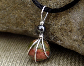 Small Unakite Stone Pendant, Sterling Silver Wire Wrapped With Hematite Stone Jewelry, Unakite Necklace, Granite Jewelry, Unakite Jewelry