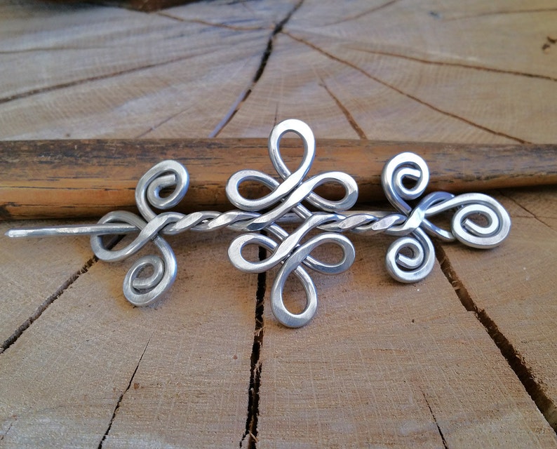 Celtic Knot Double Swirls and Curls Aluminum Shawl Pin, Hair Pin, Celtic Hair Slide, Hair Barrette, Sweater Clip, Knitters Gift for Women image 5