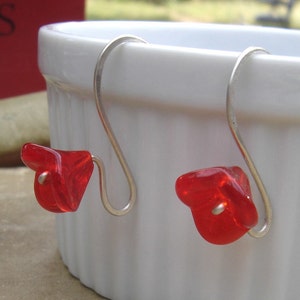 Long Stem Berry Red Glass Flower Earrings, Sterling Silver Wire Czech Glass Jewellery, Spring Flower Jewelry image 3