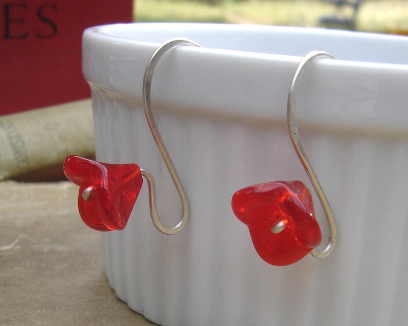 Long Stem Berry Red Glass Flower Earrings, Sterling Silver Wire Czech Glass Jewellery, Spring Flower Jewelry image 3