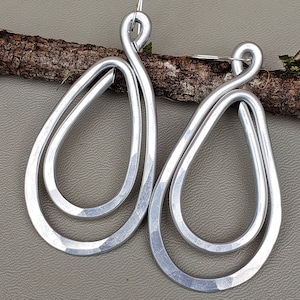 Hammered Very Big Aluminum Double Teardrop Earrings, Large Dangle
