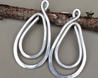 Hammered Very Big Aluminum Double Teardrop Earrings, Large Dangle