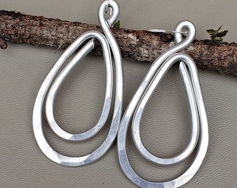 Very Big Long Double Teardrop Earrings, Light Weight Aluminum Statement Earrings, Hammered Metal Wire Hoops, Very Big Bold Earrings