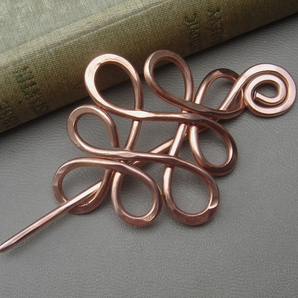 Looping Celtic Crossed Knots Copper Shawl Pin, Hair Pin, Scarf Pin, Hair Slide, Gifts for Knitters, Celtic Accessories, Women, Copper Pin